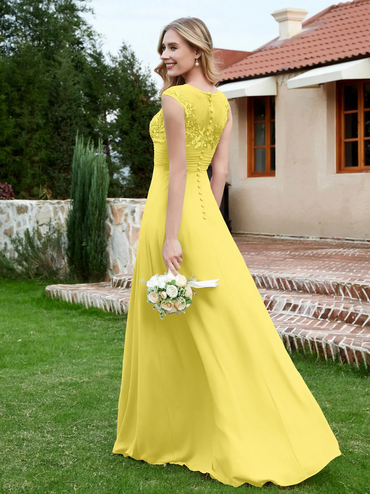 A-Line Chiffon Dress with Illusion Neckline Lemon