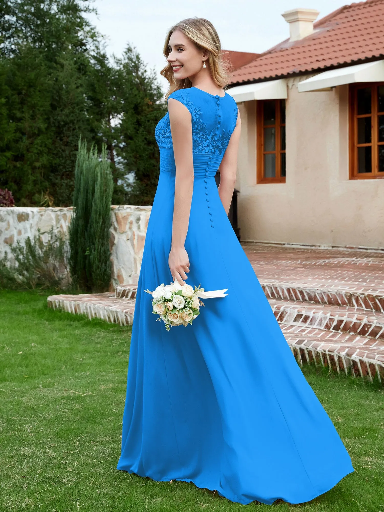 A-Line Chiffon Dress with Illusion Neckline Ocean Blue