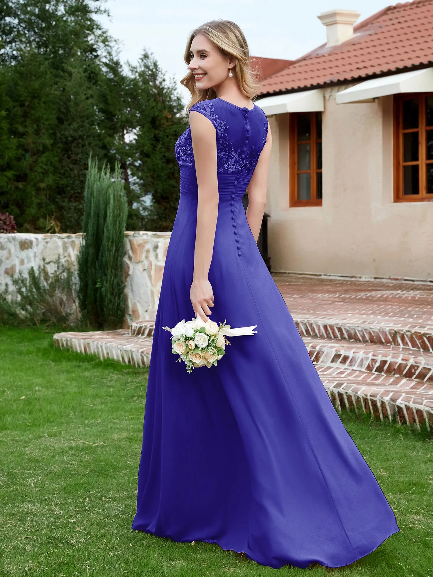 A-Line Chiffon Dress with Illusion Neckline Royal Blue