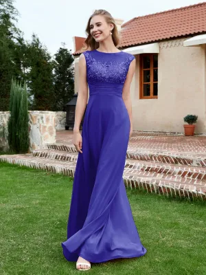 A-Line Chiffon Dress with Illusion Neckline Royal Blue