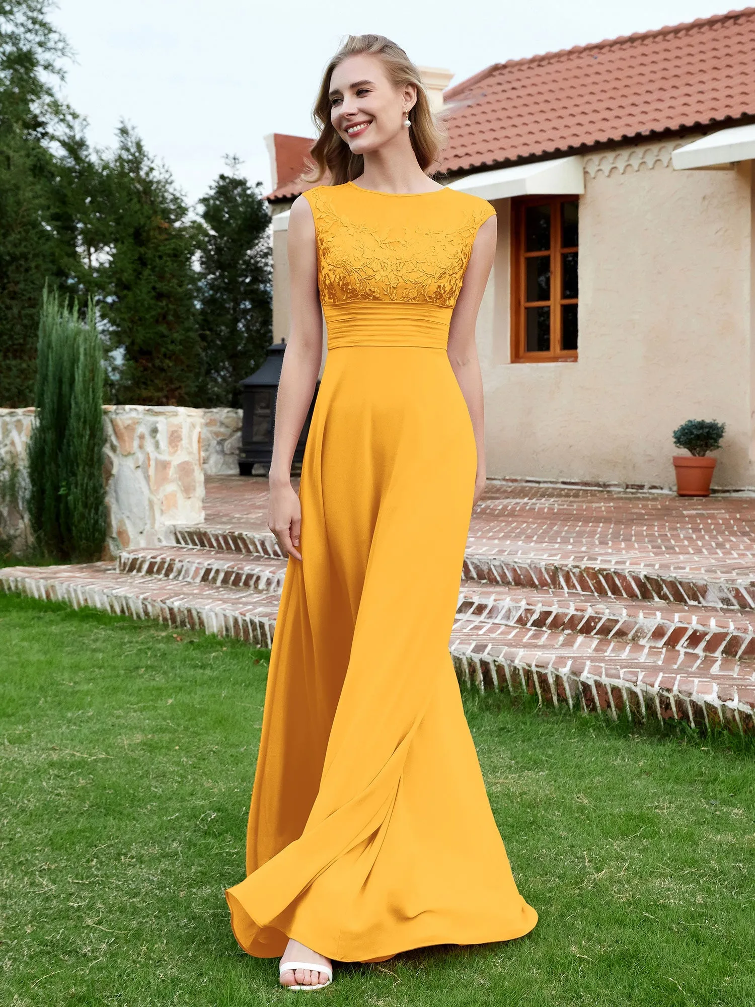 A-Line Chiffon Dress with Illusion Neckline Tangerine Plus Size