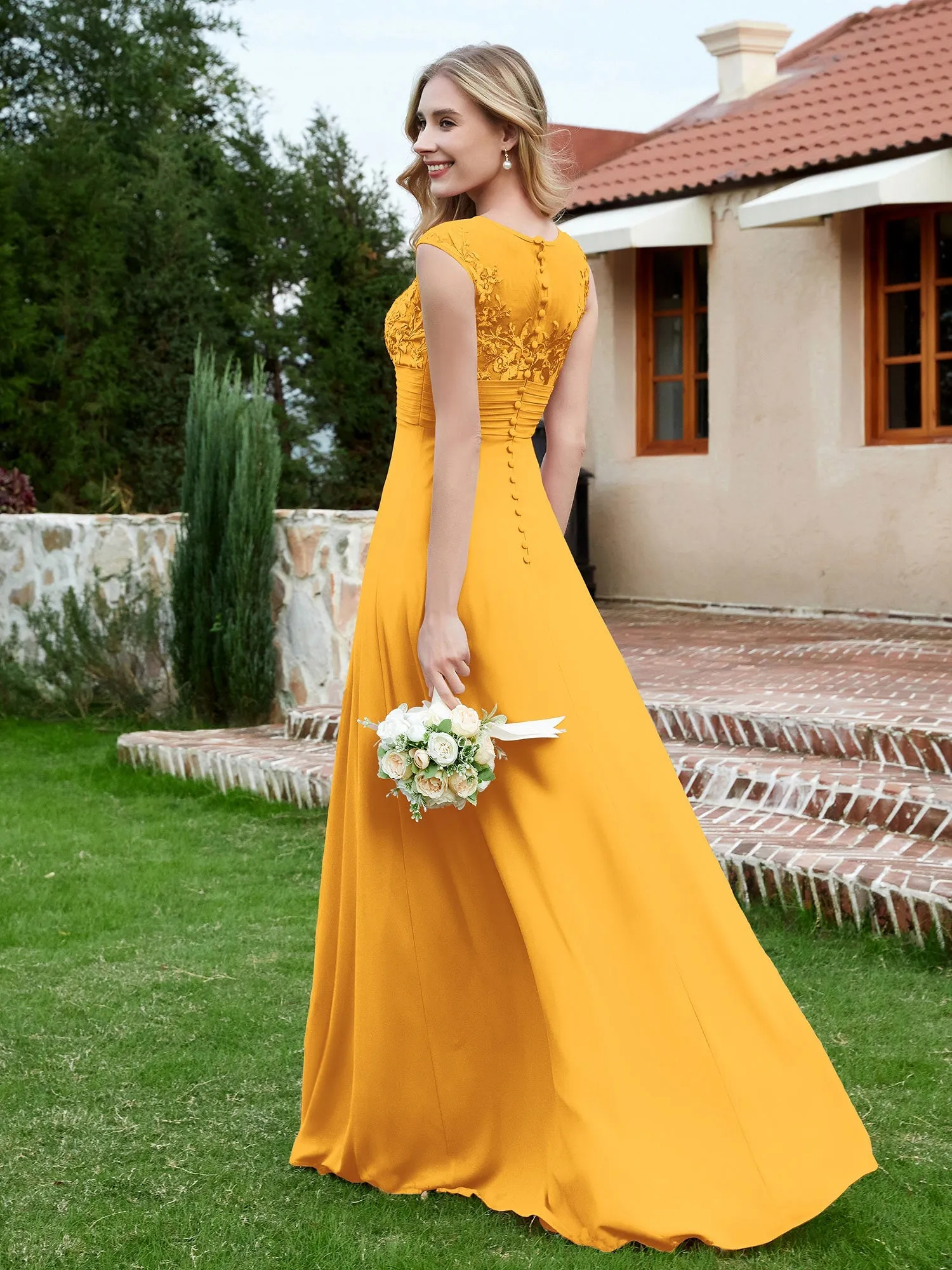 A-Line Chiffon Dress with Illusion Neckline Tangerine Plus Size
