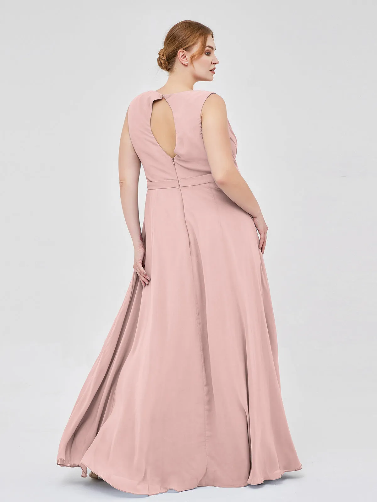 A-line Chiffon Open Back Dress With V-Neck Dusty Rose