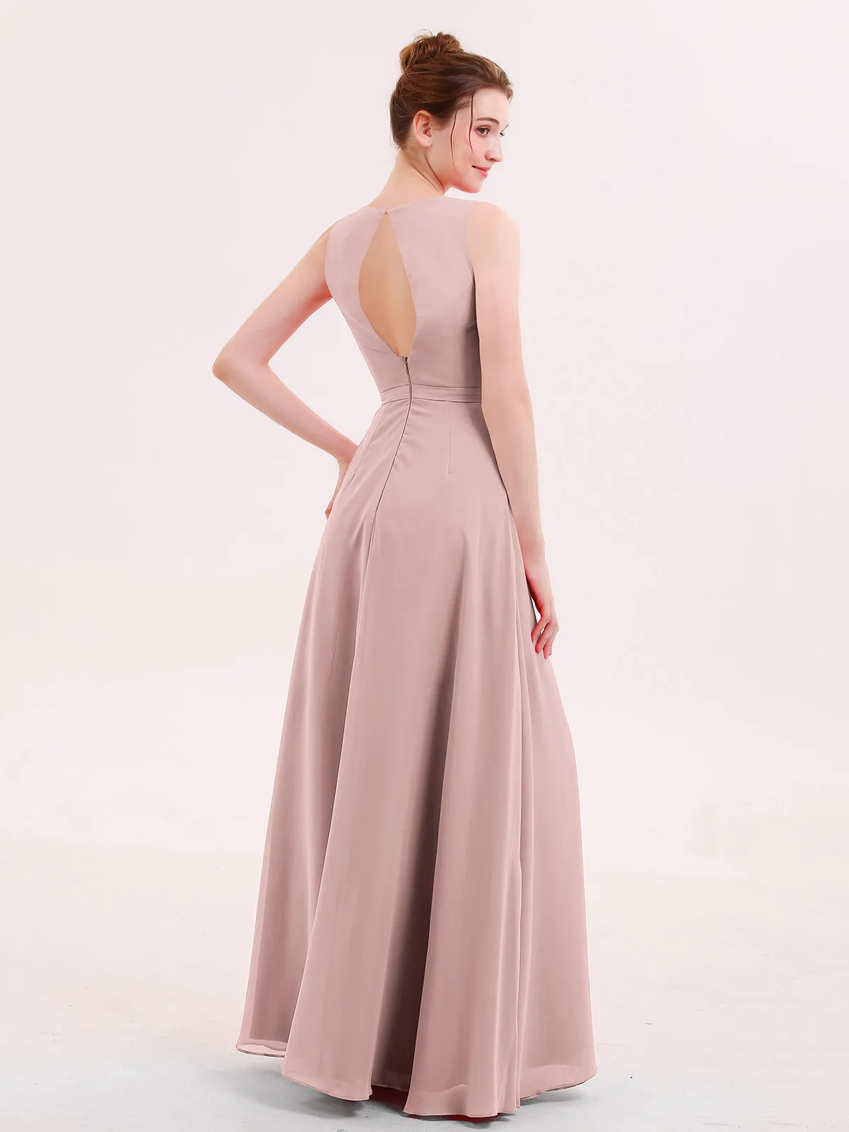 A-line Chiffon Open Back Dress With V-Neck Dusty Rose