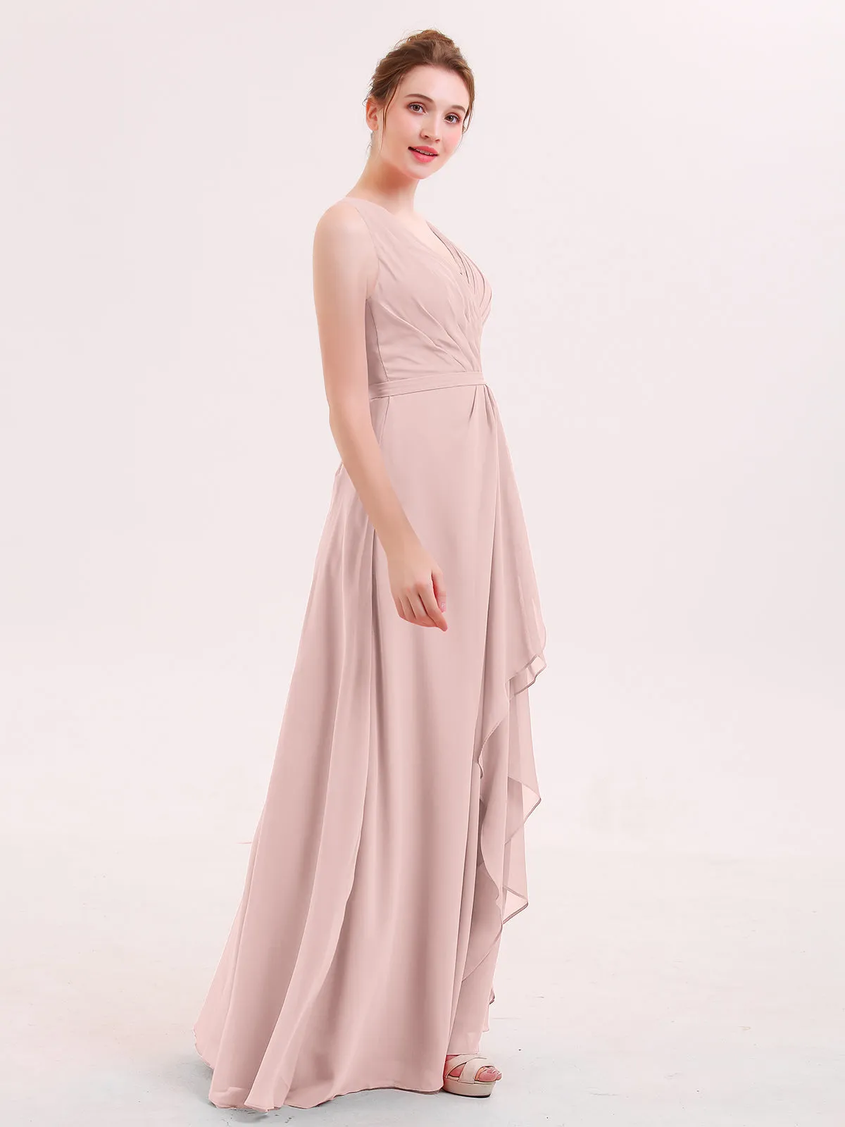 A-line Chiffon Open Back Dress With V-Neck Dusty Rose