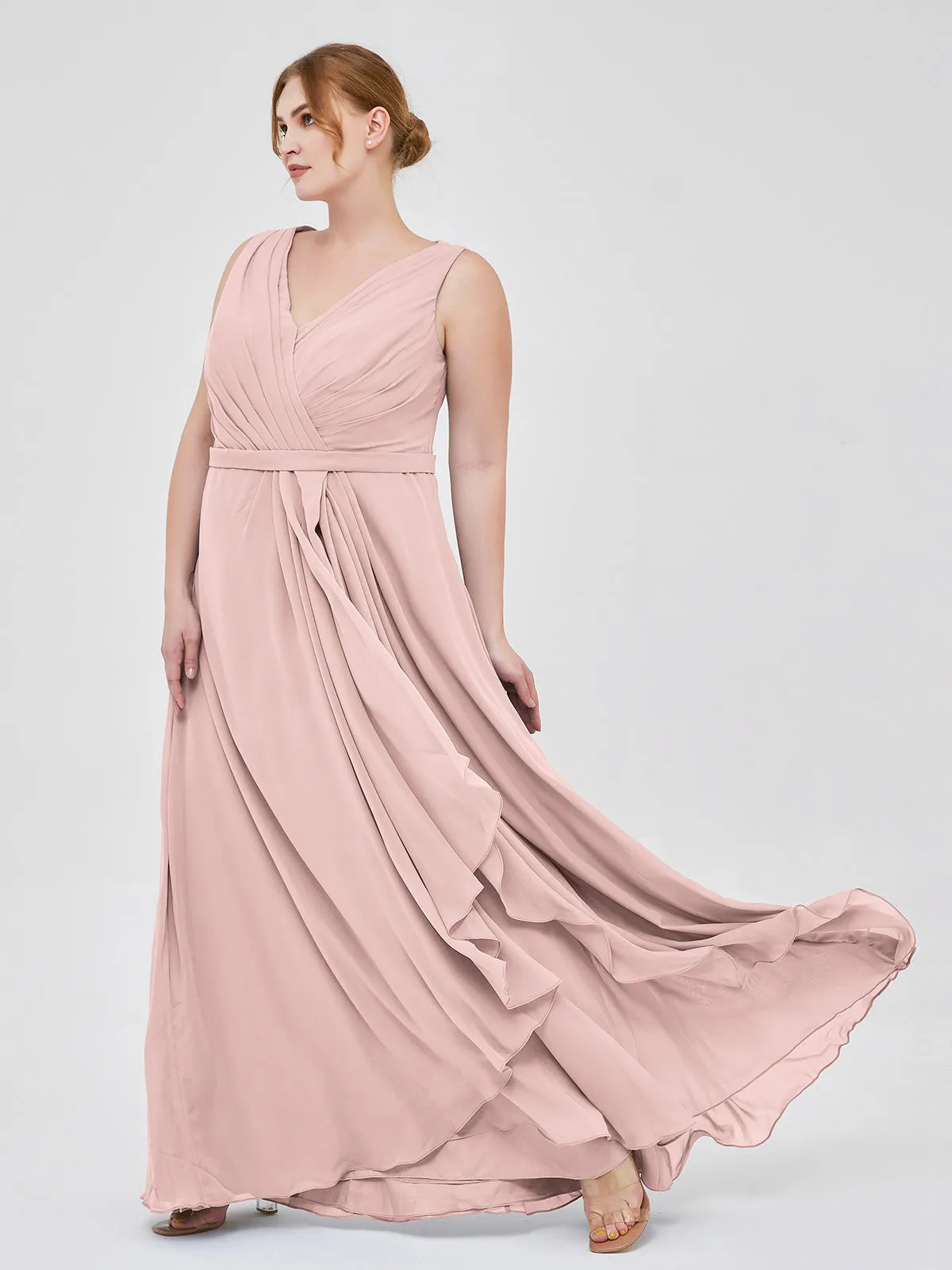 A-line Chiffon Open Back Dress With V-Neck Dusty Rose