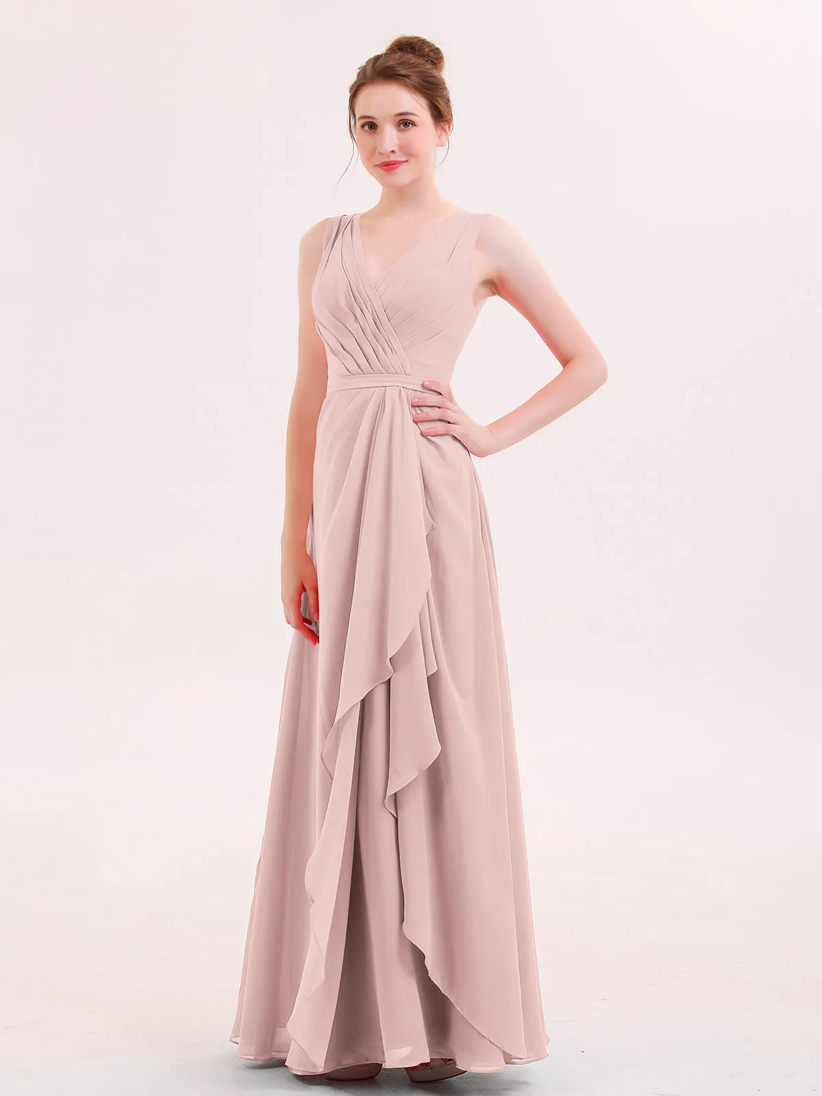 A-line Chiffon Open Back Dress With V-Neck Dusty Rose