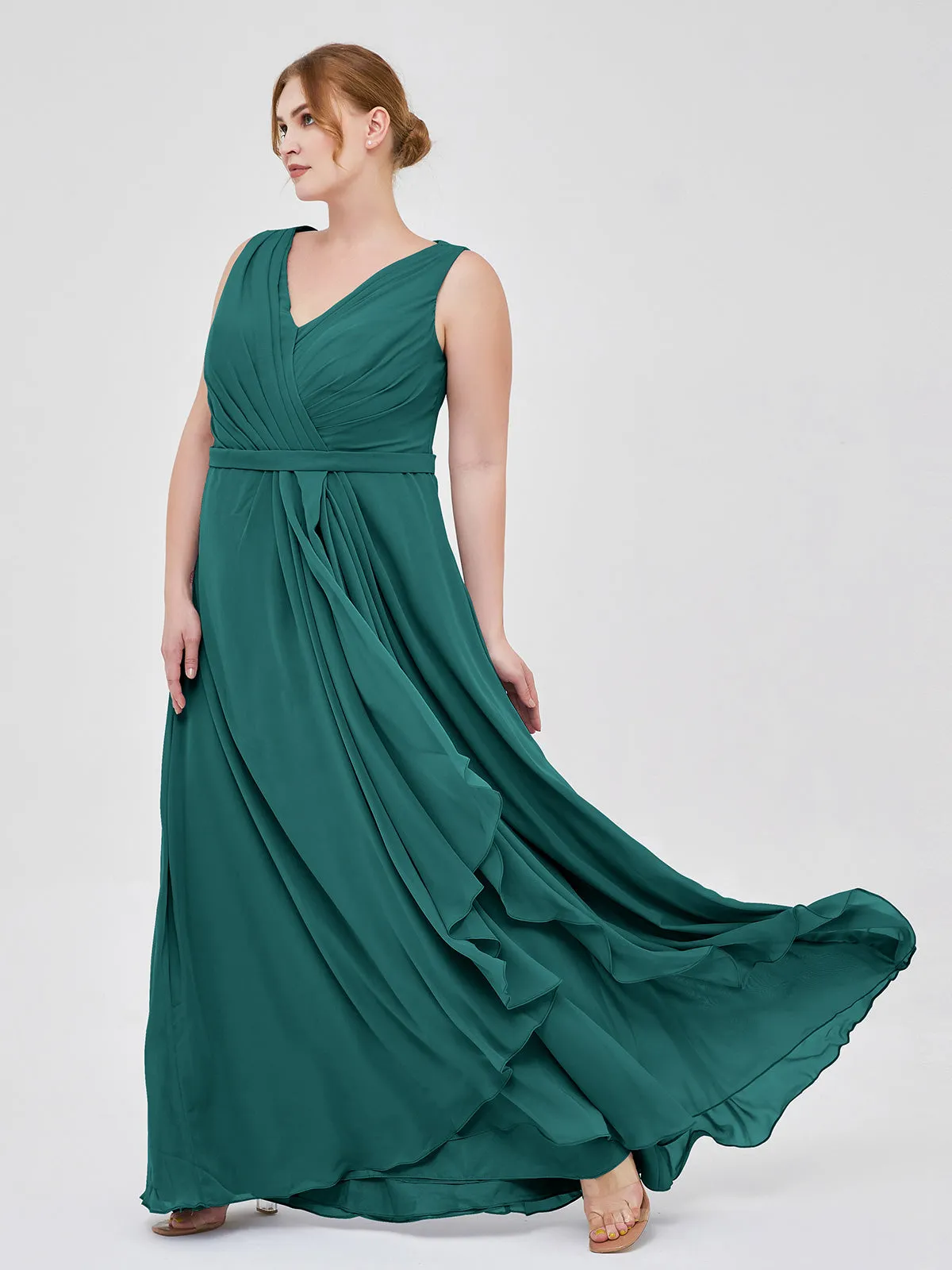 A-line Chiffon Open Back Dress With V-Neck Peacock
