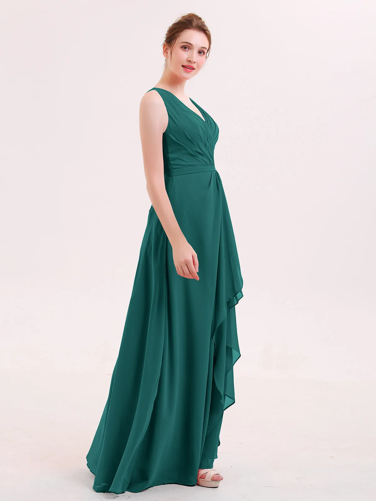 A-line Chiffon Open Back Dress With V-Neck Peacock