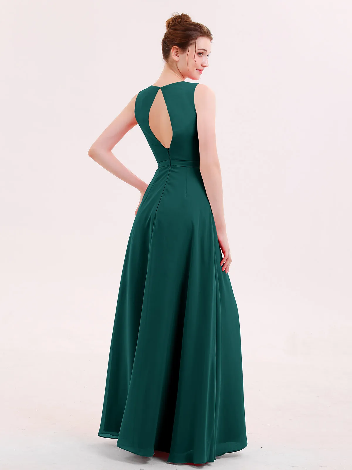 A-line Chiffon Open Back Dress With V-Neck Peacock