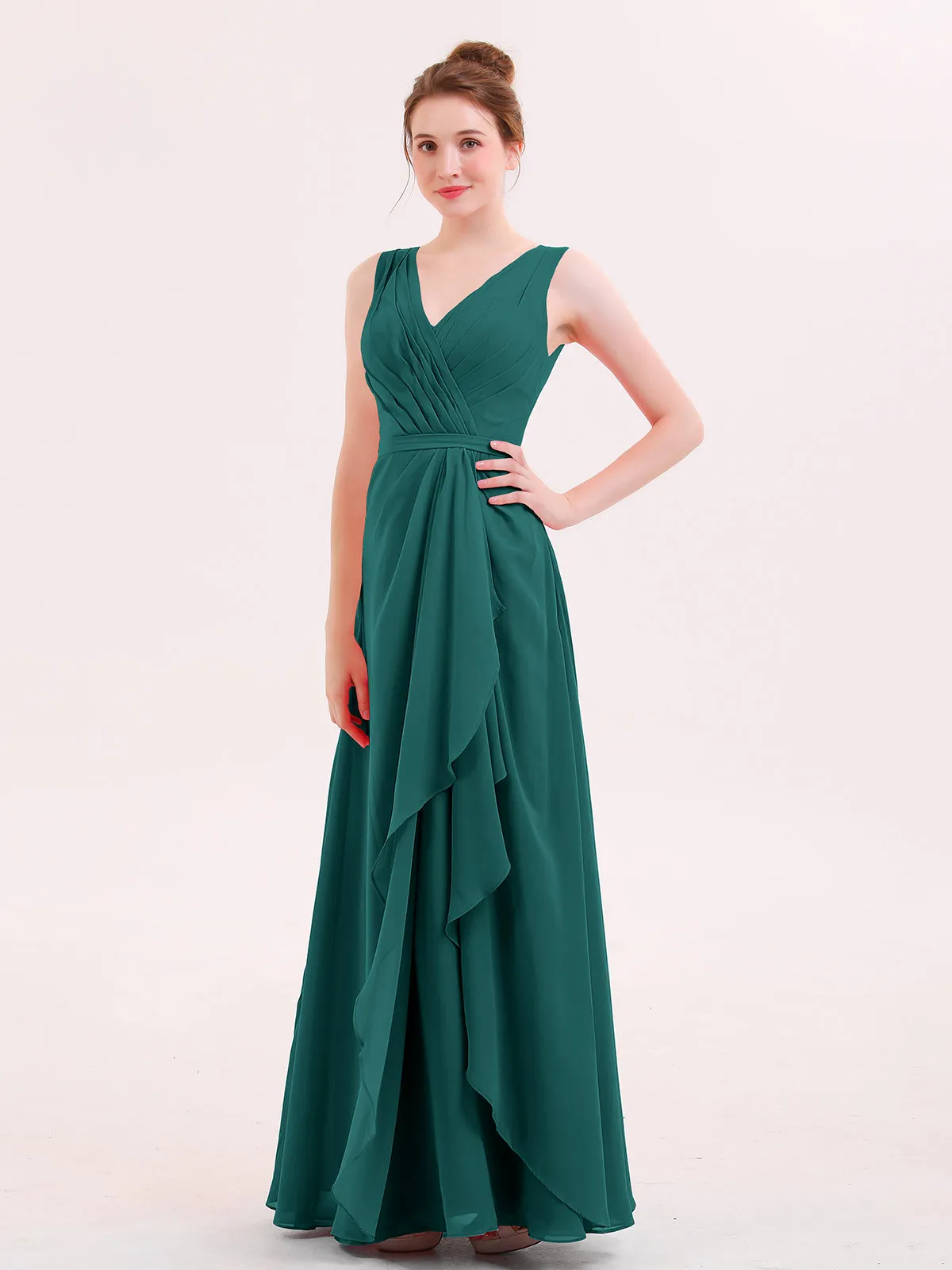 A-line Chiffon Open Back Dress With V-Neck Peacock