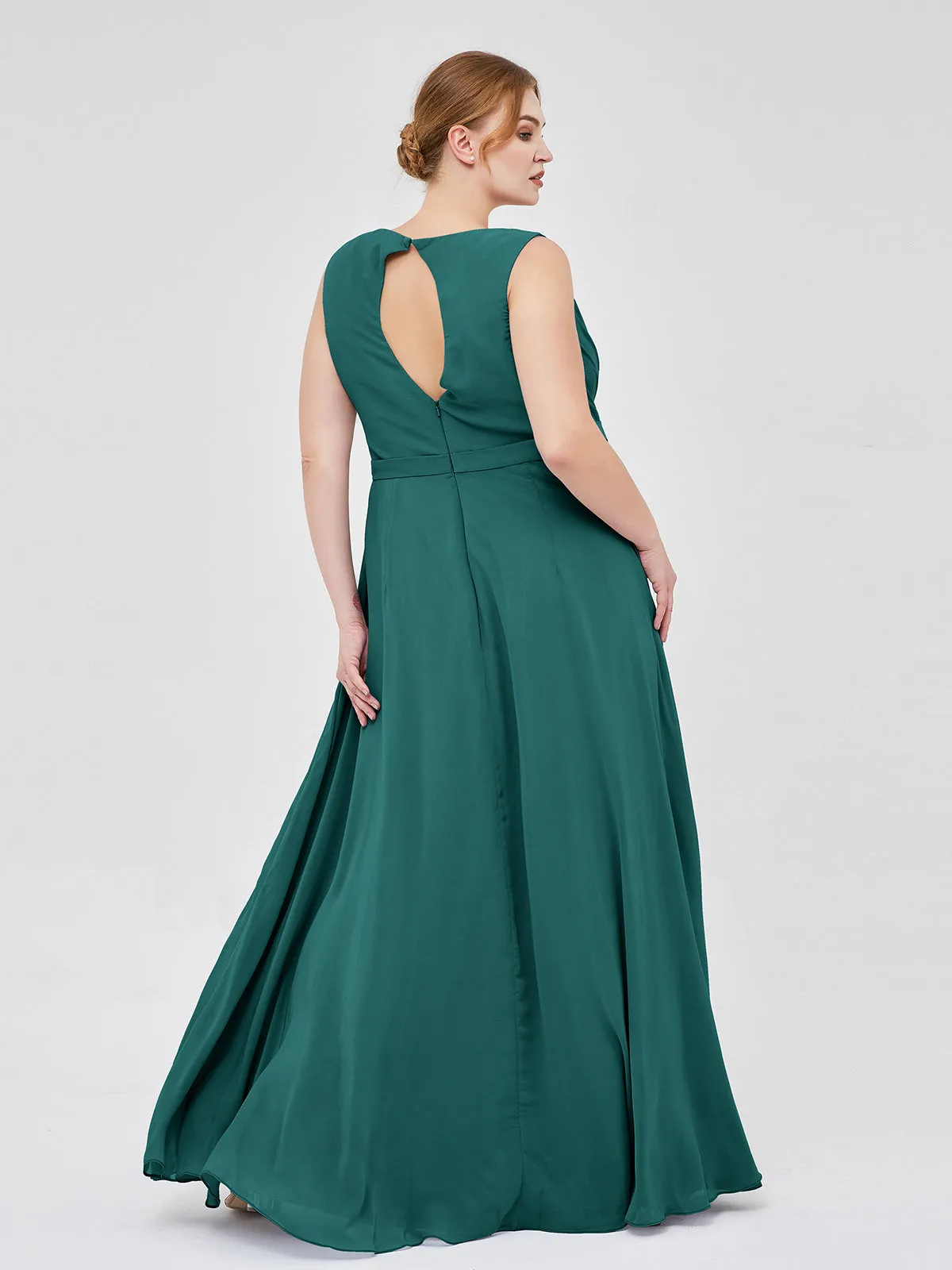 A-line Chiffon Open Back Dress With V-Neck Peacock