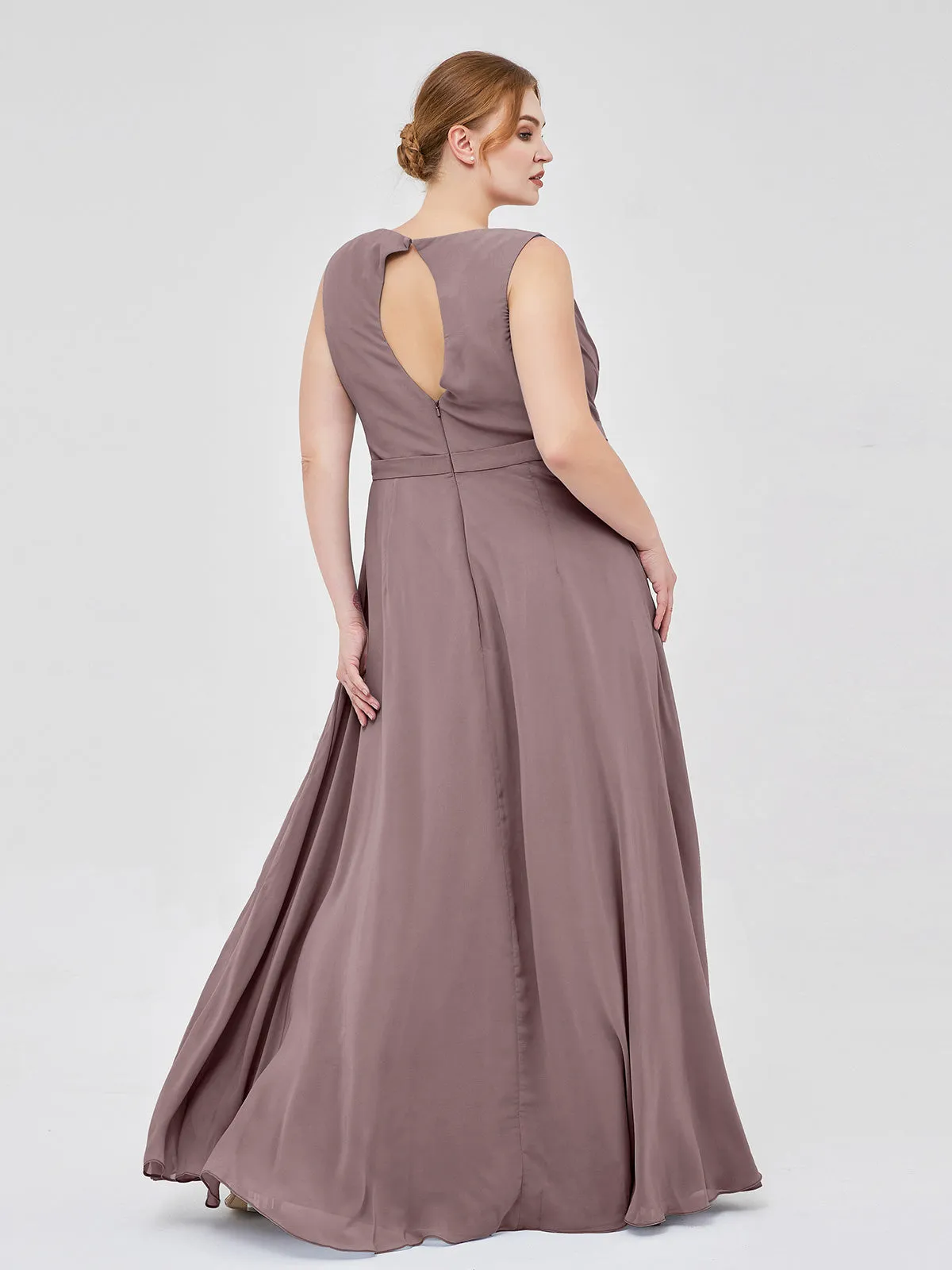 A-line Chiffon Open Back Dress With V-Neck Vintage Mauve