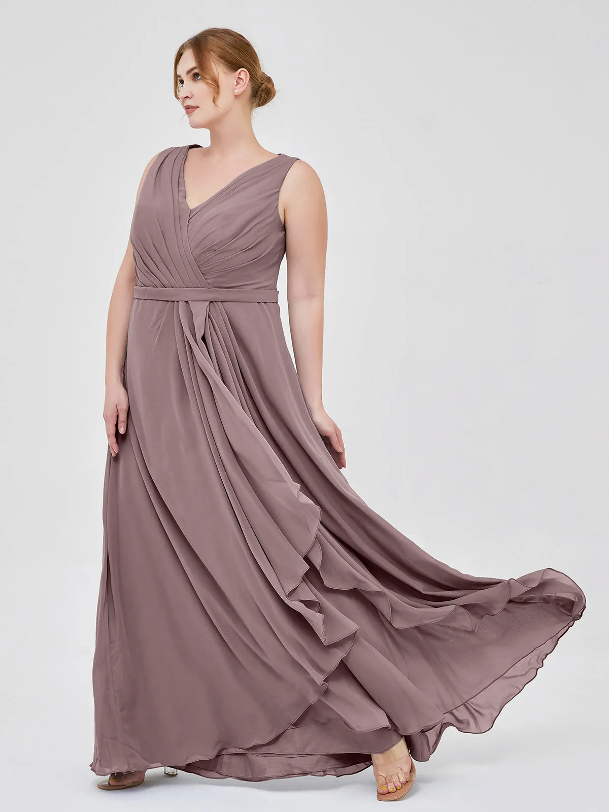 A-line Chiffon Open Back Dress With V-Neck Vintage Mauve