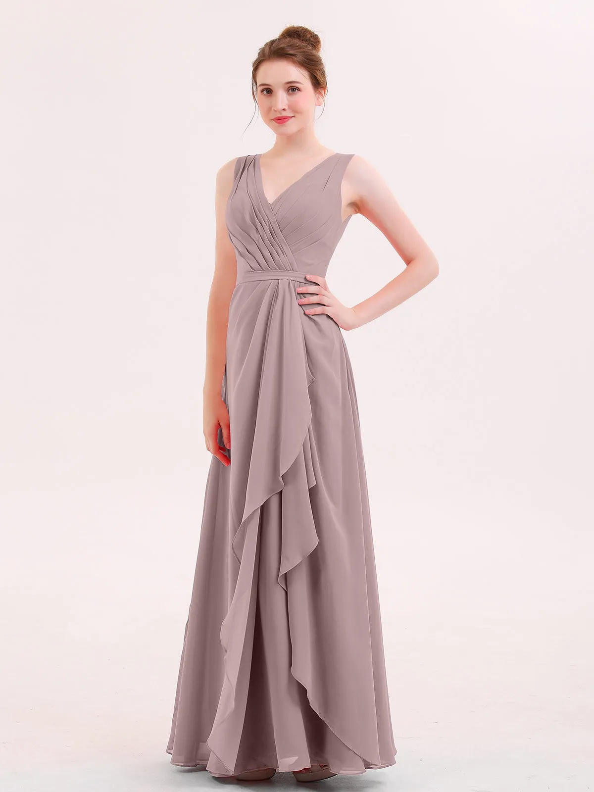A-line Chiffon Open Back Dress With V-Neck Vintage Mauve
