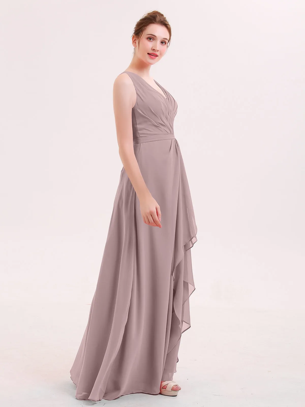 A-line Chiffon Open Back Dress With V-Neck Vintage Mauve