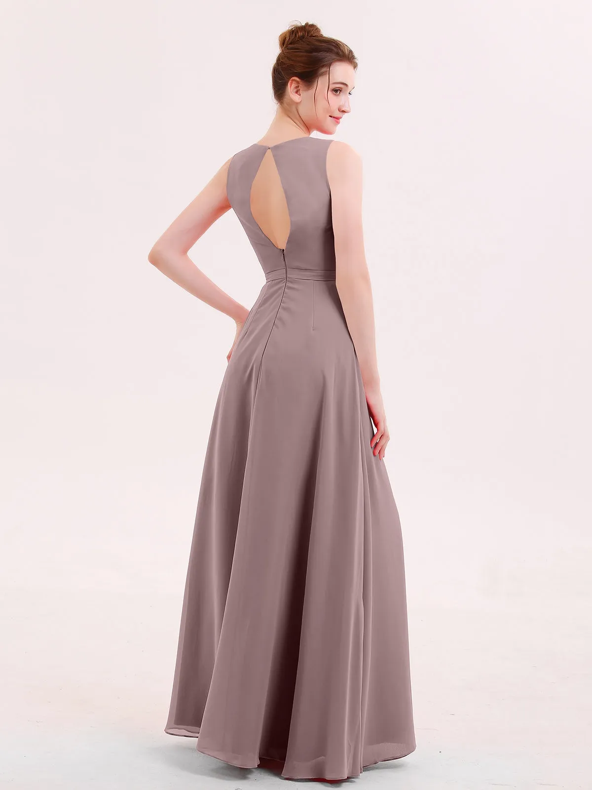 A-line Chiffon Open Back Dress With V-Neck Vintage Mauve