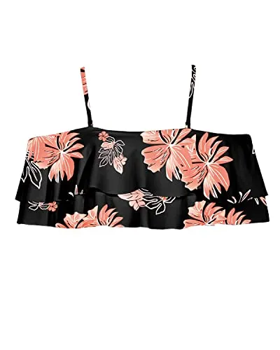Adjustable Spaghetti Straps Bikini Top For Women-Black Orange Floral