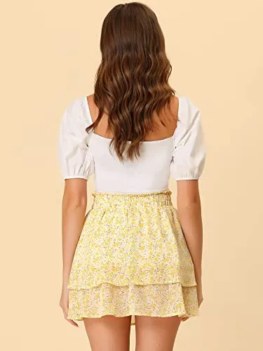 Allegra K 2023 Floral Skirts for Women's Ruffle Hem Layered Chiffon Mini Skirt Medium Yellow