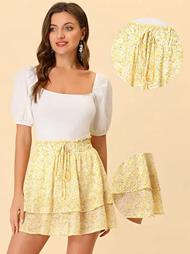 Allegra K 2023 Floral Skirts for Women's Ruffle Hem Layered Chiffon Mini Skirt Medium Yellow