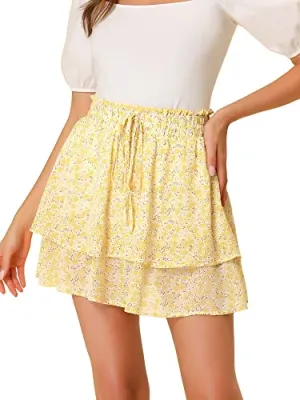 Allegra K 2023 Floral Skirts for Women's Ruffle Hem Layered Chiffon Mini Skirt Medium Yellow