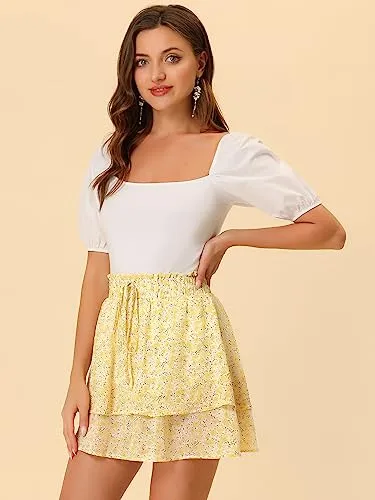 Allegra K 2023 Floral Skirts for Women's Ruffle Hem Layered Chiffon Mini Skirt Medium Yellow