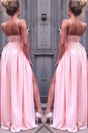 Blush Pink Prom Gown with Flirty Spaghetti Straps and Daring Leg Slit