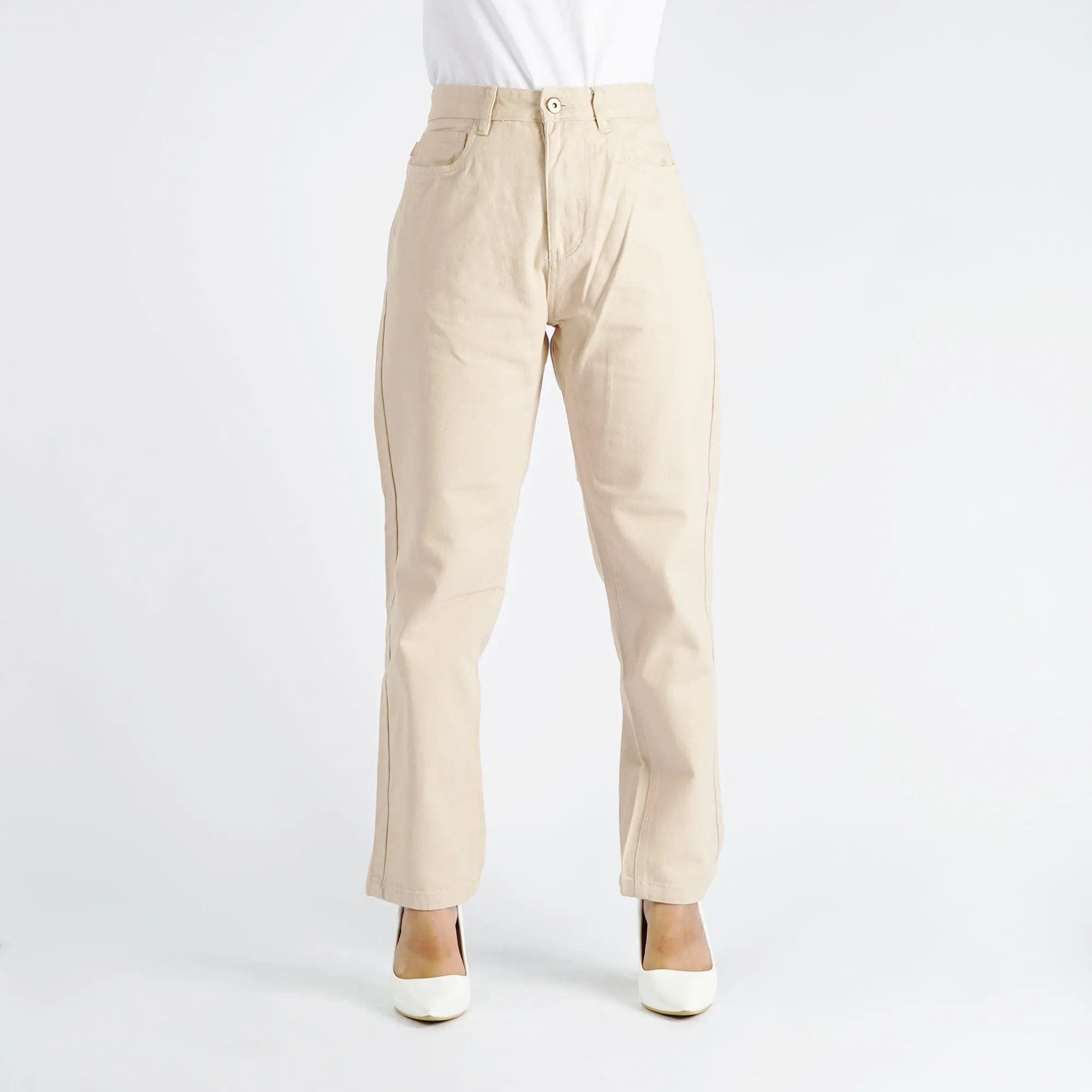 Bobson Japanese Ladies Basic Denim Mom Pants for Women Trendy fashion High Quality Apparel Comfortable Casual Trouser for Women 146135-U (Beige)
