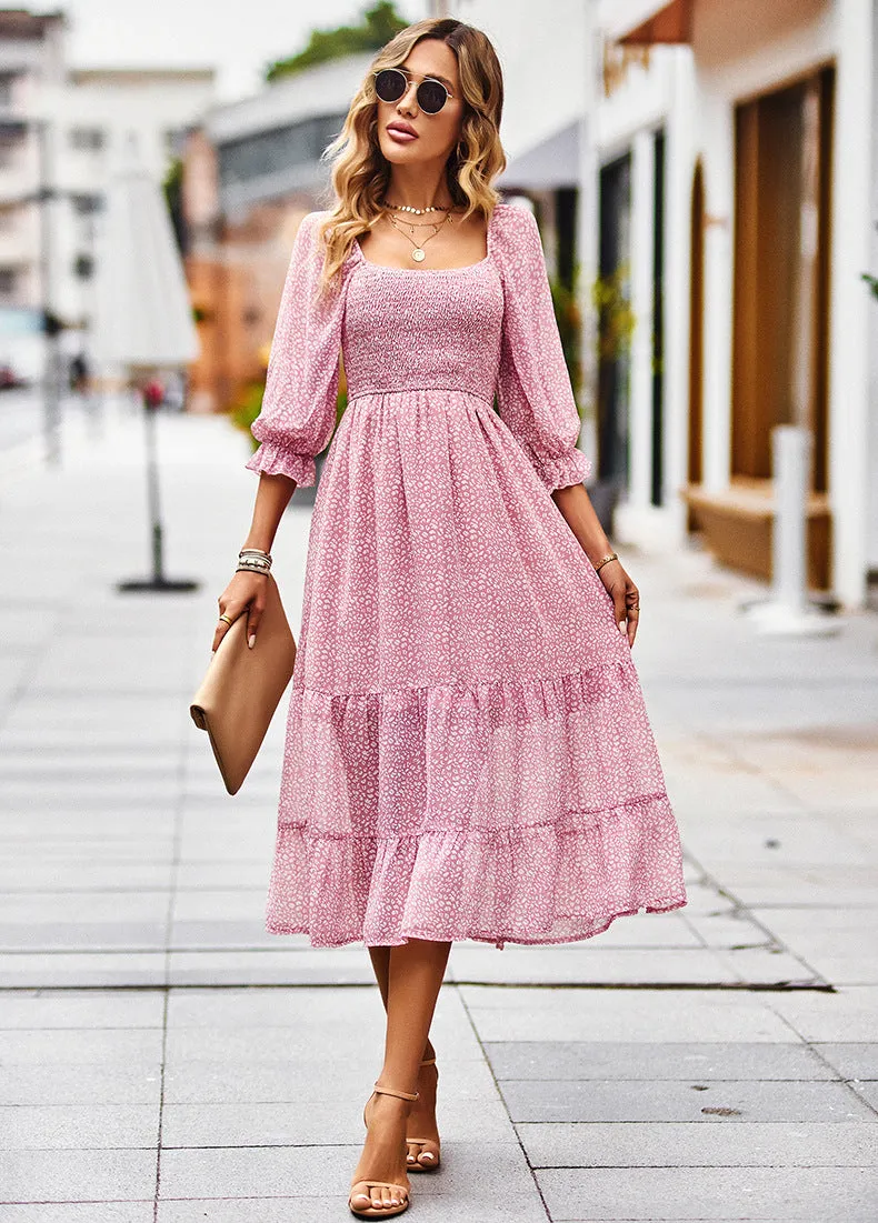 Bohemian Square Neck Long Sleeve Dress