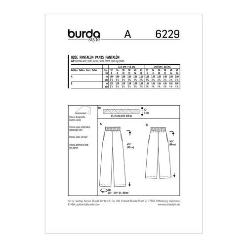 Burda Pattern 6229 Misses' Pull-on Pants (6-16)