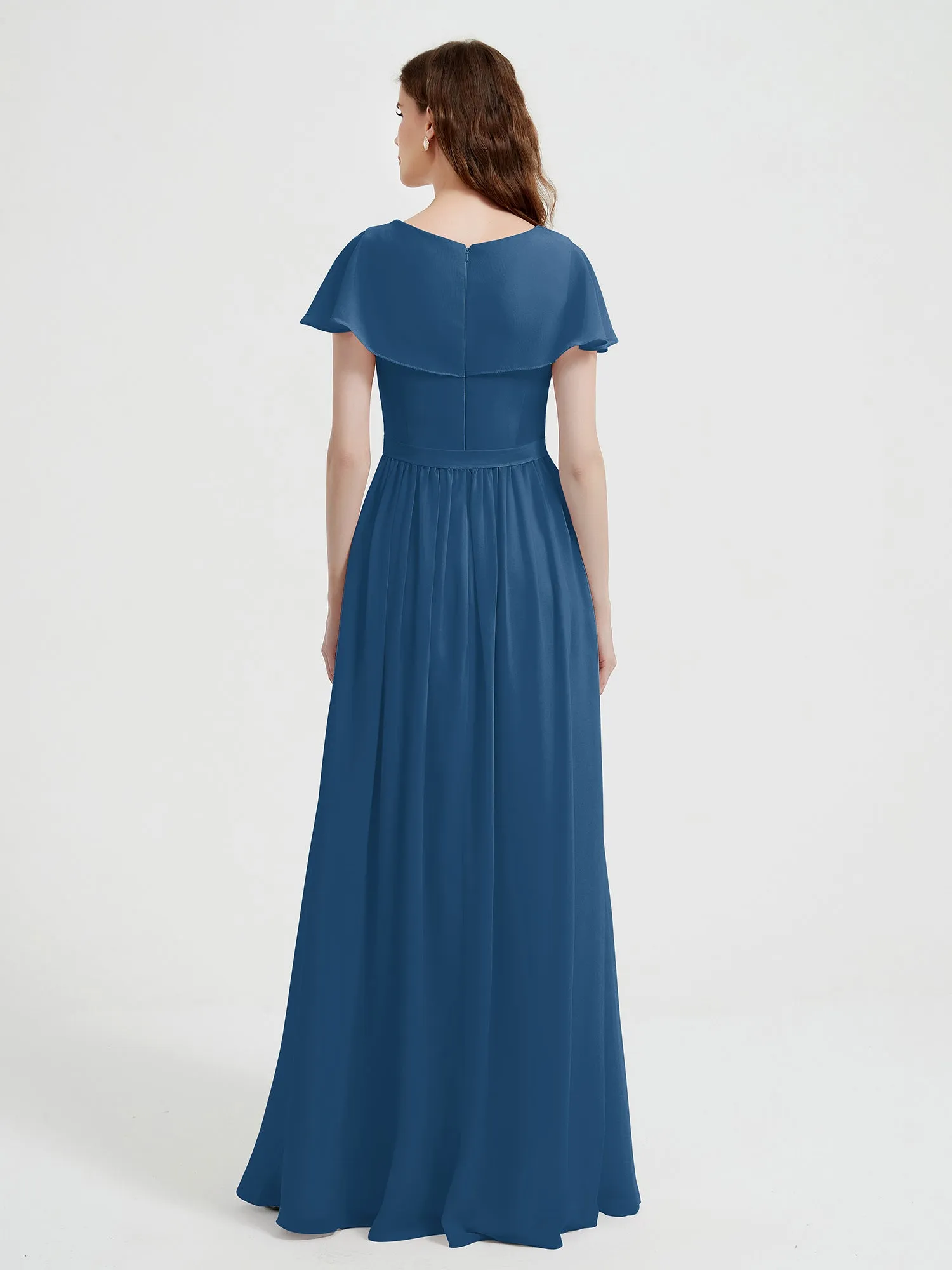 Cap Sleeves Long Chiffon Dresses with Slit-Ink Blue Plus Size