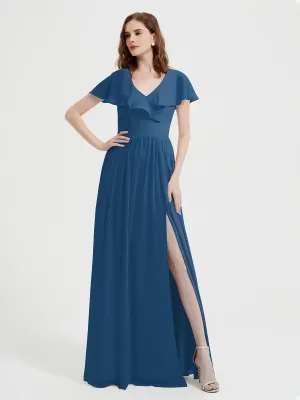 Cap Sleeves Long Chiffon Dresses with Slit-Ink Blue Plus Size