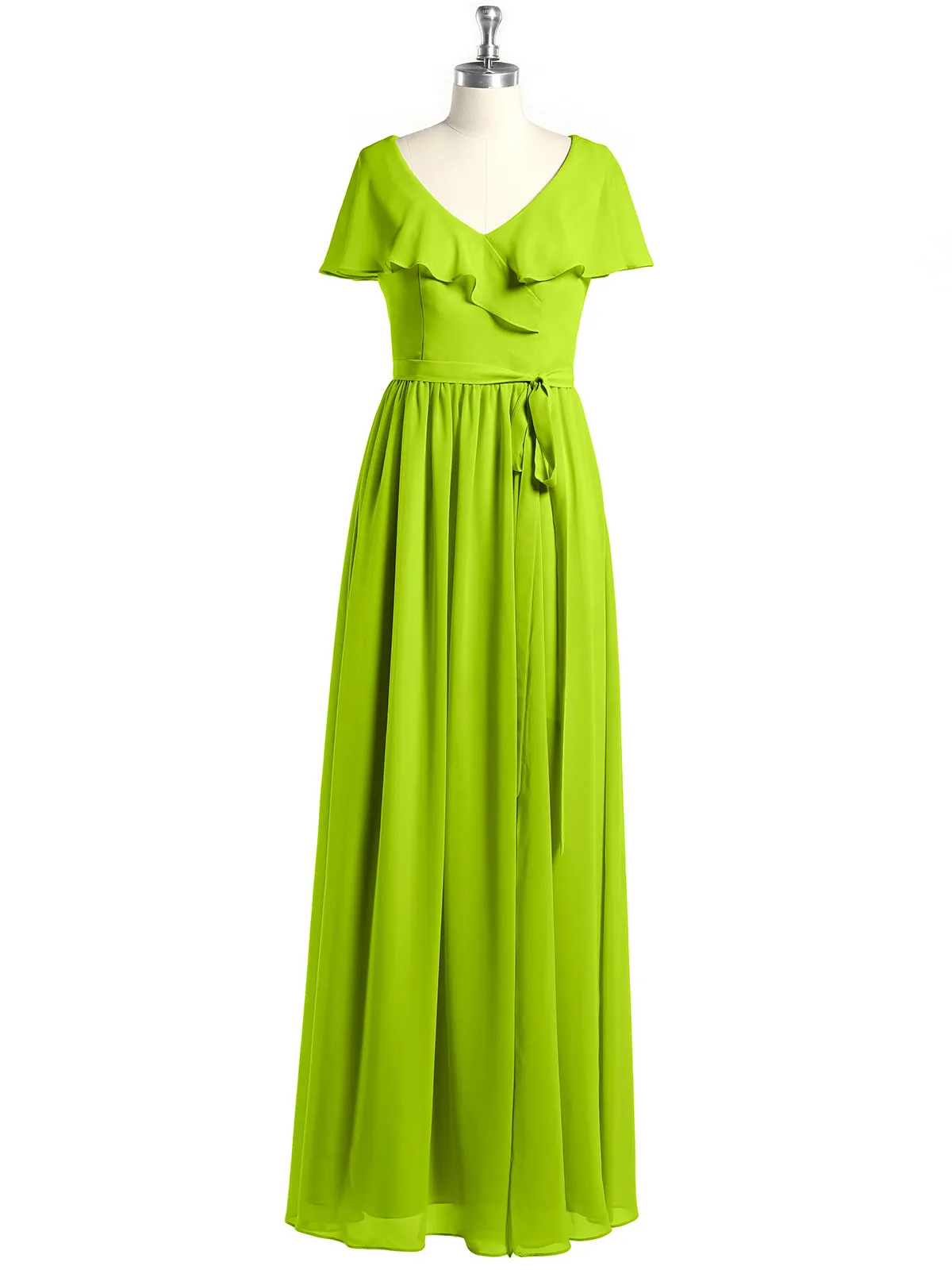 Cap Sleeves Long Chiffon Dresses with Slit-Lime Green Plus Size