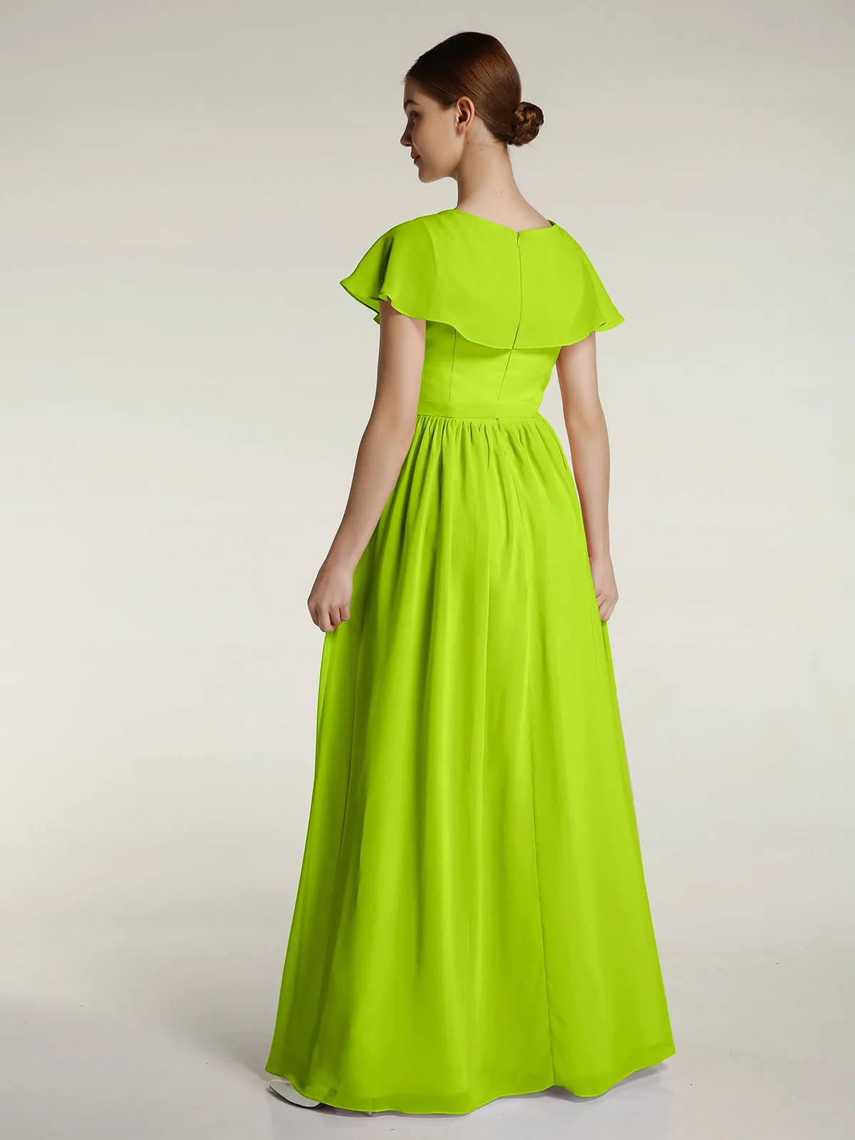 Cap Sleeves Long Chiffon Dresses with Slit-Lime Green Plus Size