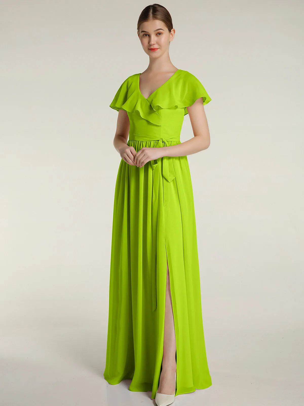 Cap Sleeves Long Chiffon Dresses with Slit-Lime Green Plus Size