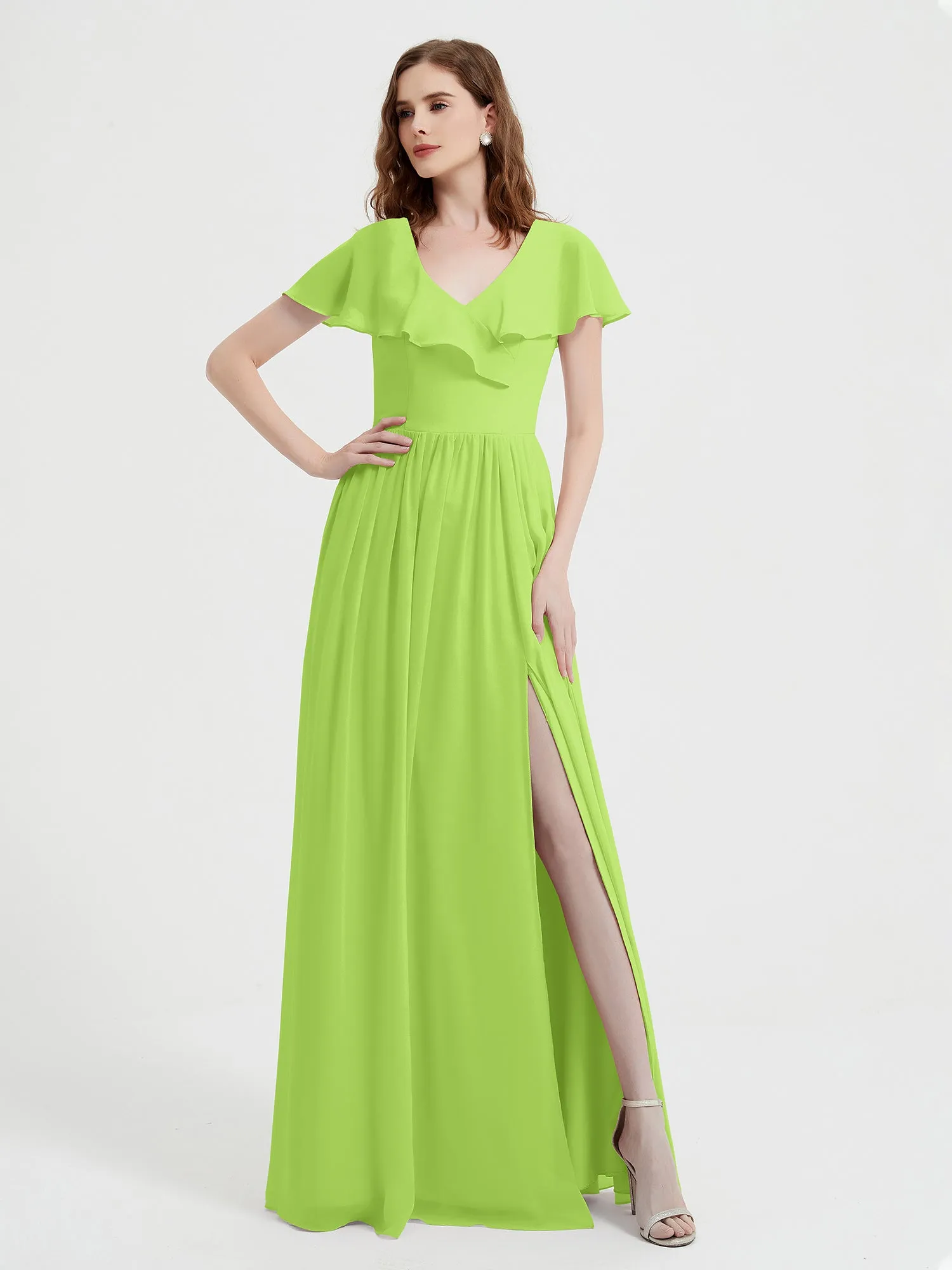 Cap Sleeves Long Chiffon Dresses with Slit-Lime Green Plus Size
