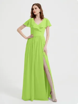 Cap Sleeves Long Chiffon Dresses with Slit-Lime Green Plus Size