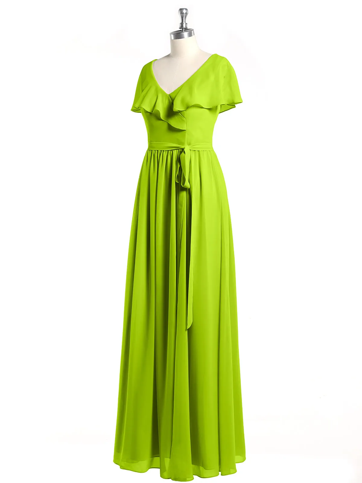 Cap Sleeves Long Chiffon Dresses with Slit-Lime Green Plus Size