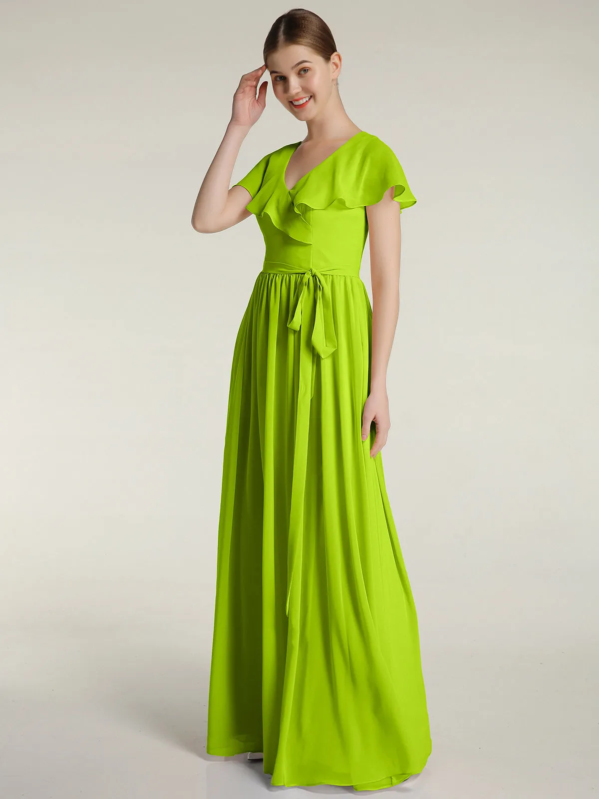 Cap Sleeves Long Chiffon Dresses with Slit-Lime Green Plus Size