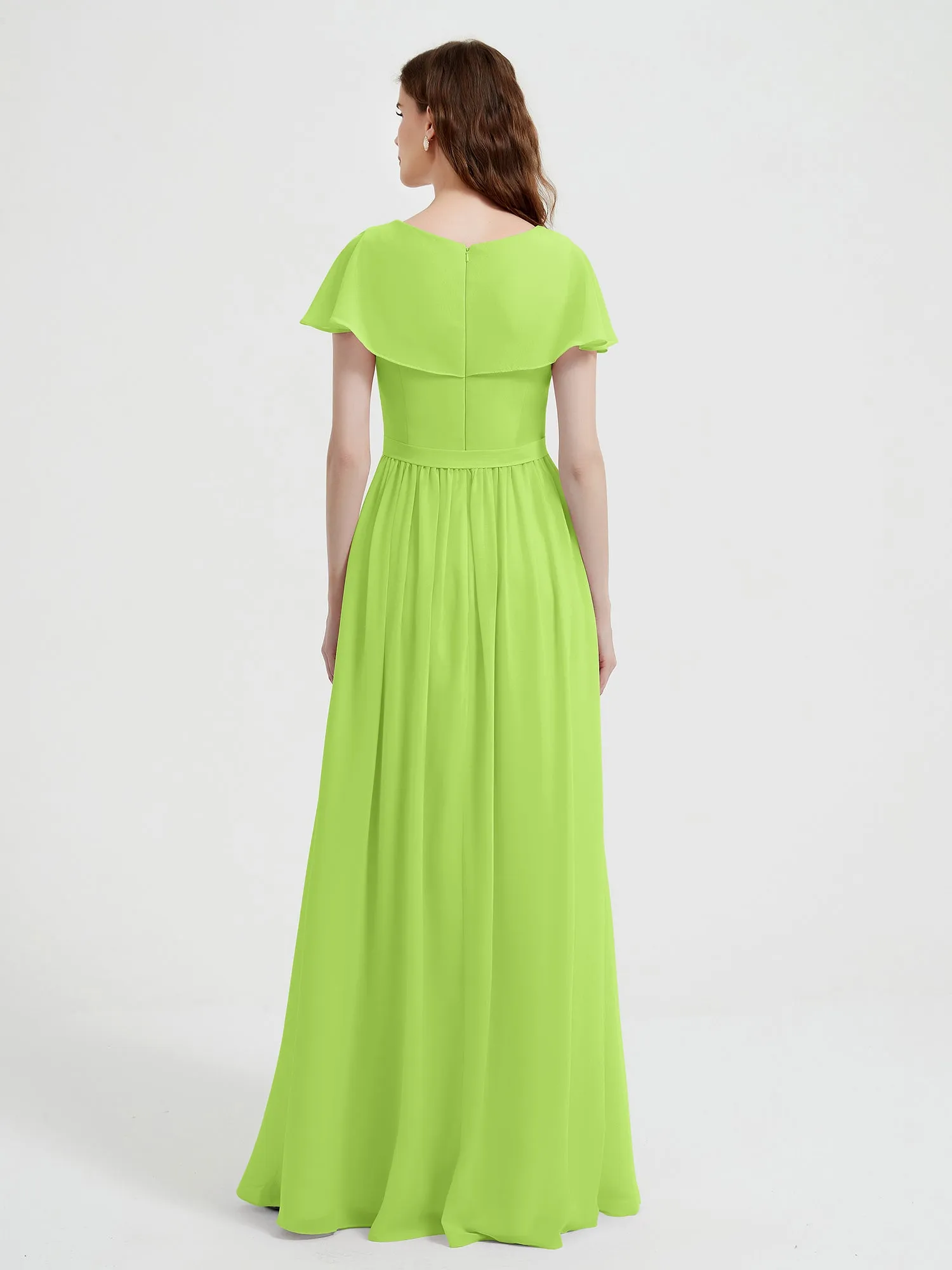 Cap Sleeves Long Chiffon Dresses with Slit-Lime Green Plus Size