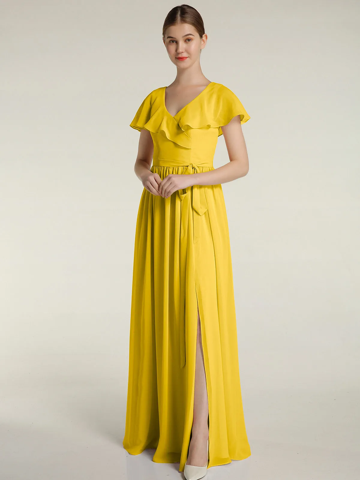 Cap Sleeves Long Chiffon Dresses with Slit-Marigold