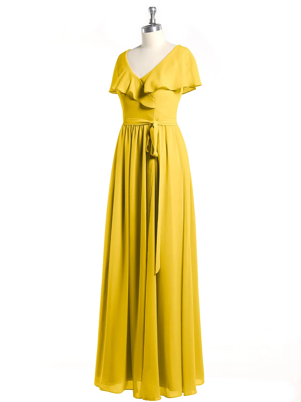 Cap Sleeves Long Chiffon Dresses with Slit-Marigold