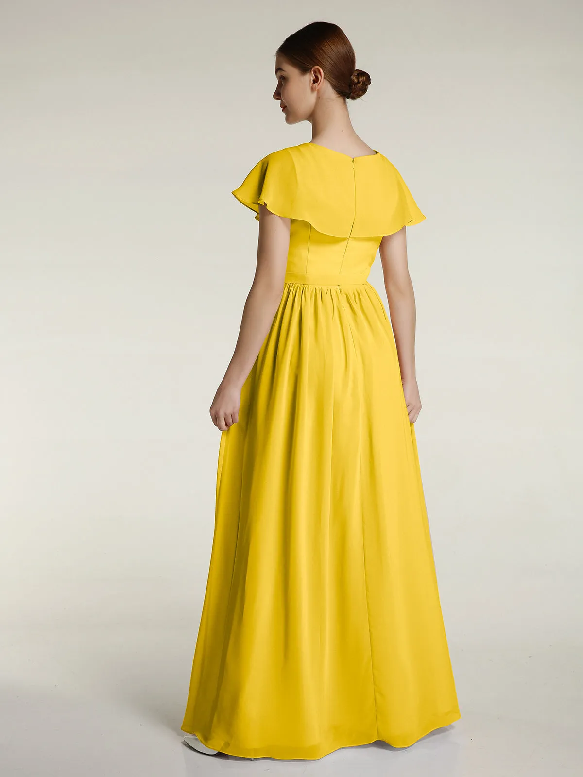 Cap Sleeves Long Chiffon Dresses with Slit-Marigold
