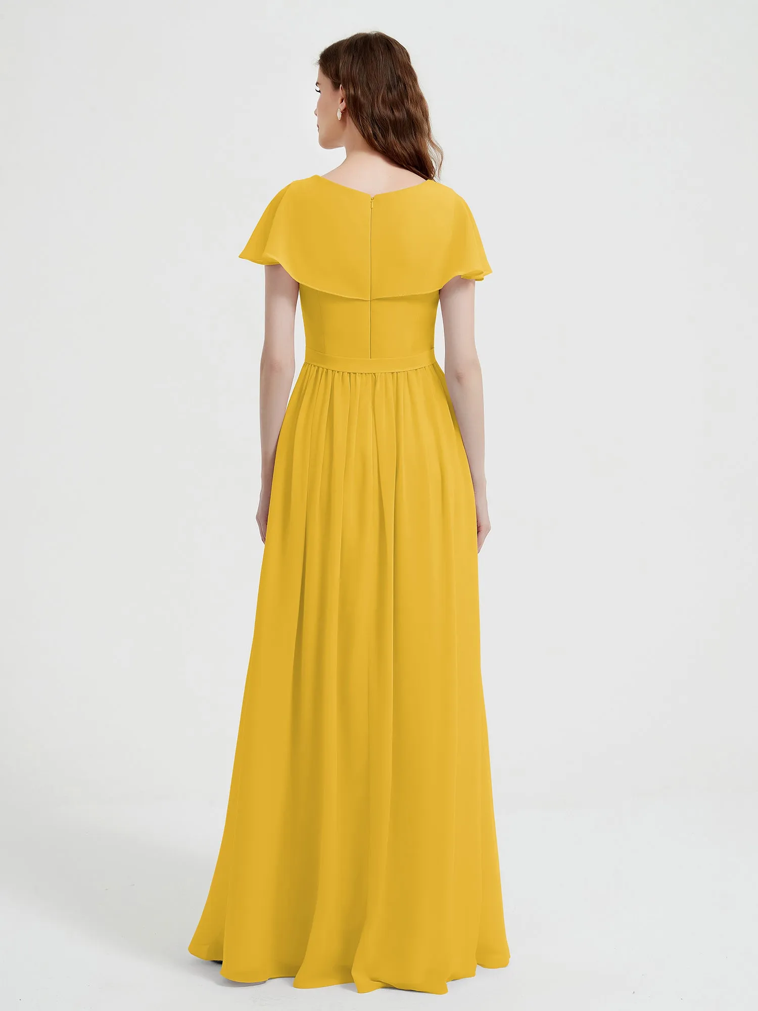 Cap Sleeves Long Chiffon Dresses with Slit-Marigold