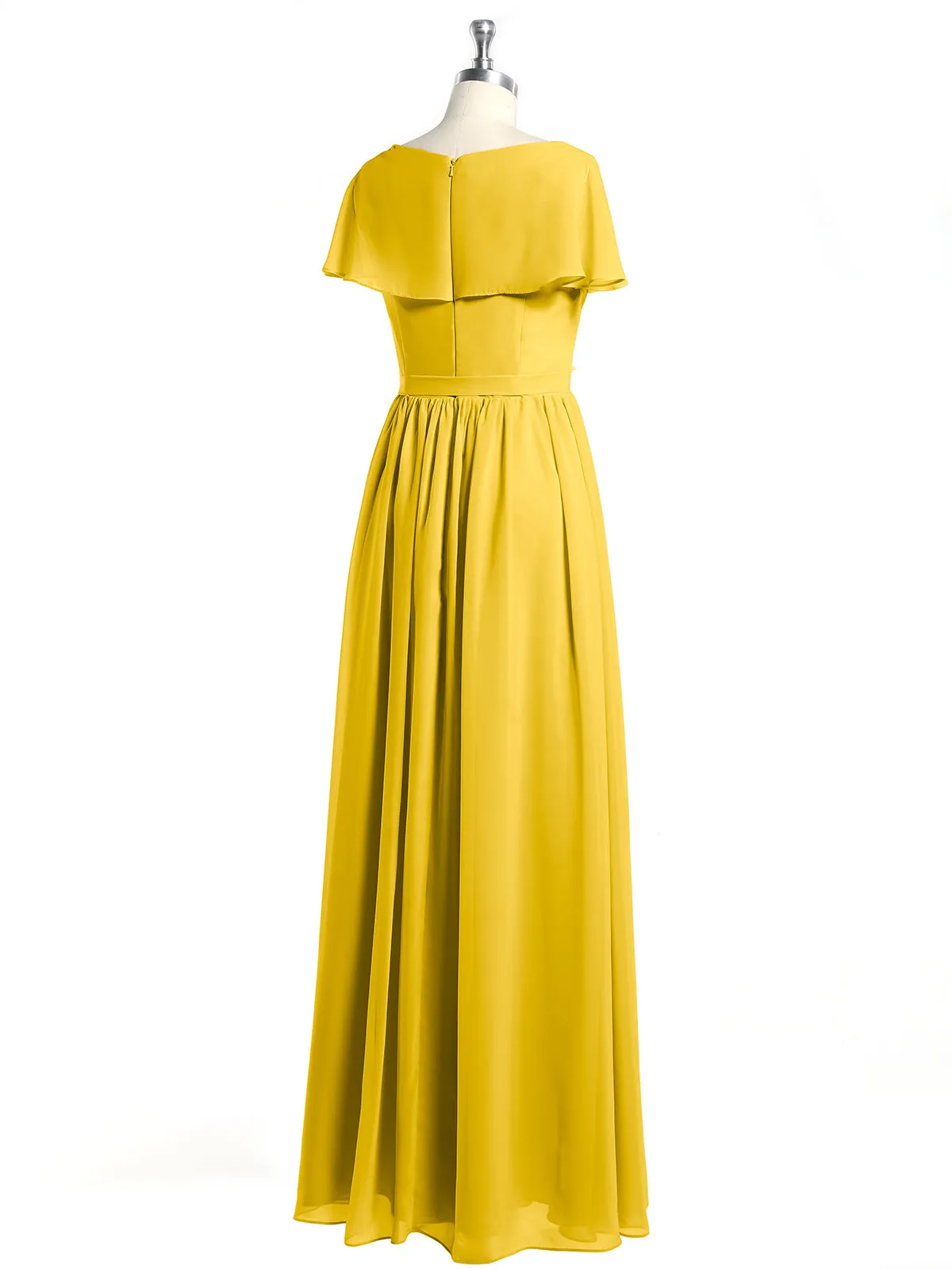Cap Sleeves Long Chiffon Dresses with Slit-Marigold