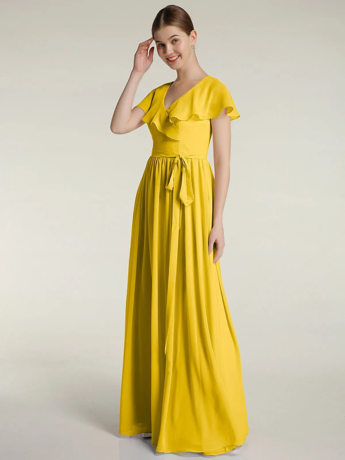 Cap Sleeves Long Chiffon Dresses with Slit-Marigold