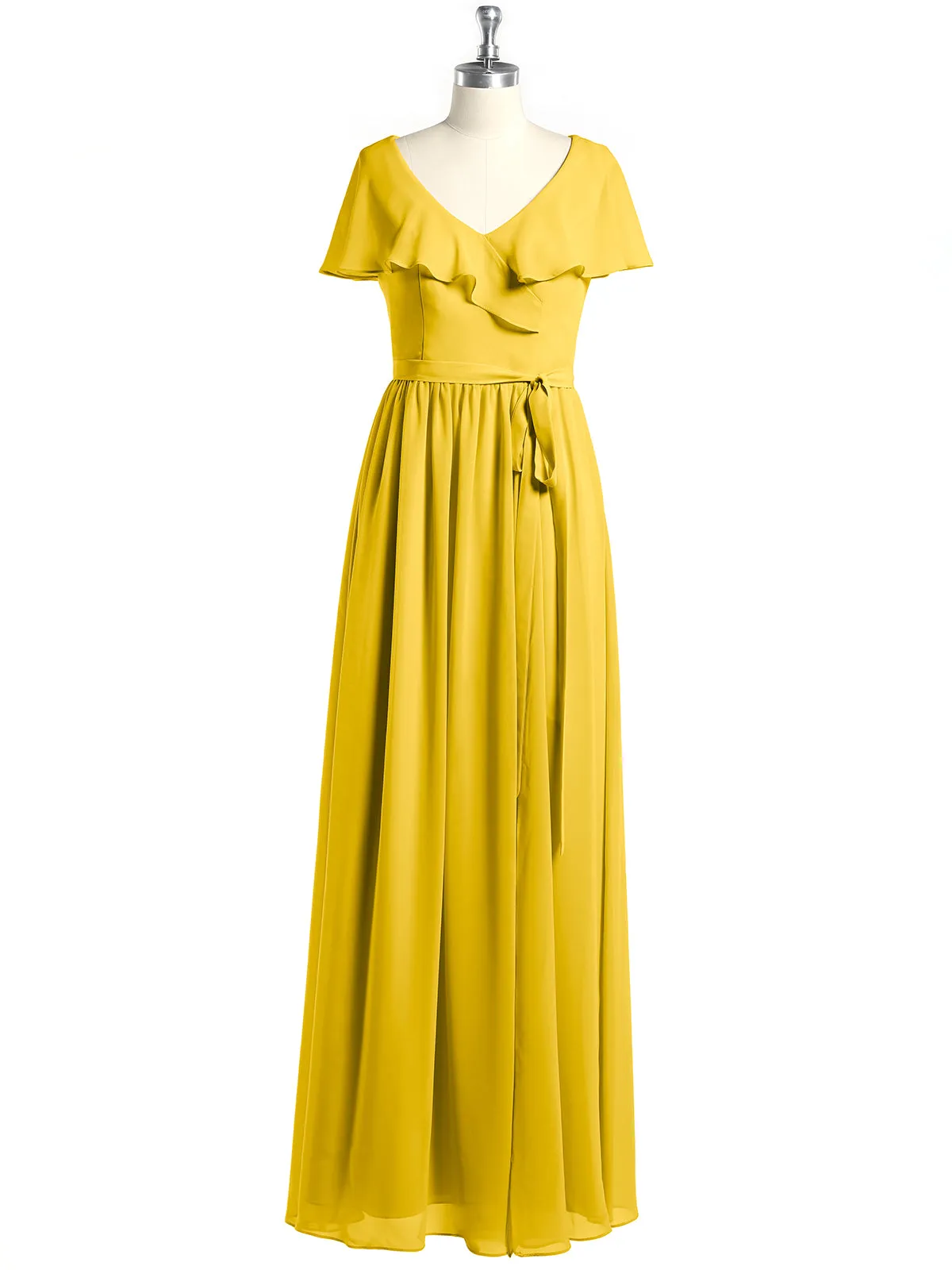 Cap Sleeves Long Chiffon Dresses with Slit-Marigold