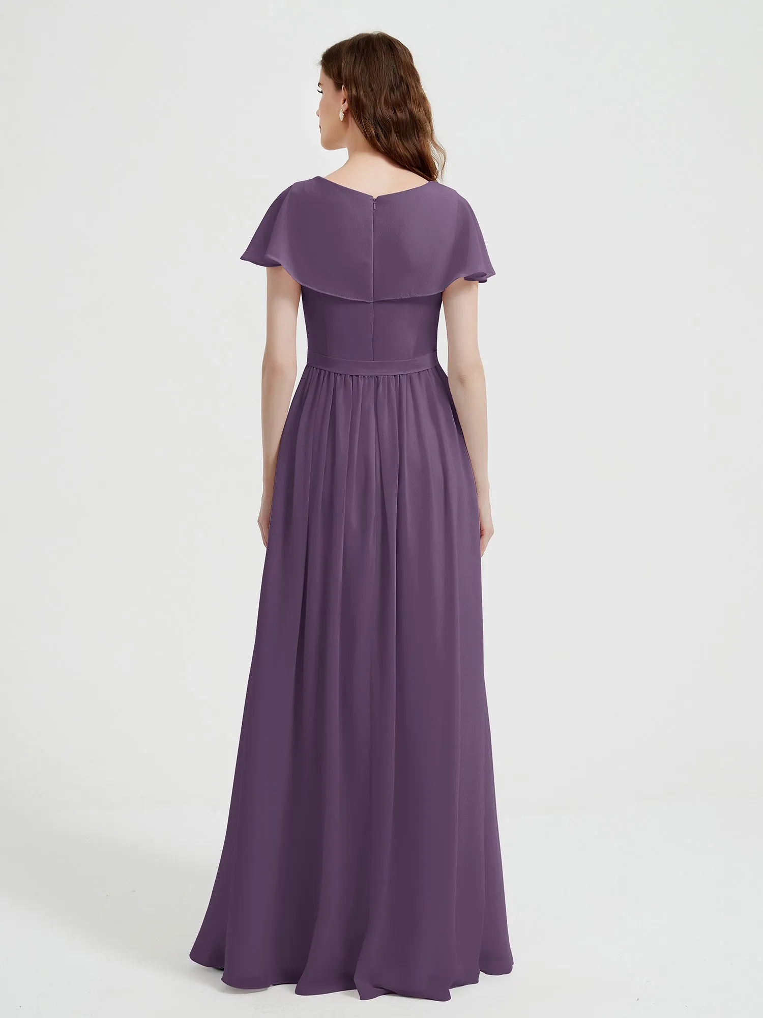 Cap Sleeves Long Chiffon Dresses with Slit-Plum Plus Size