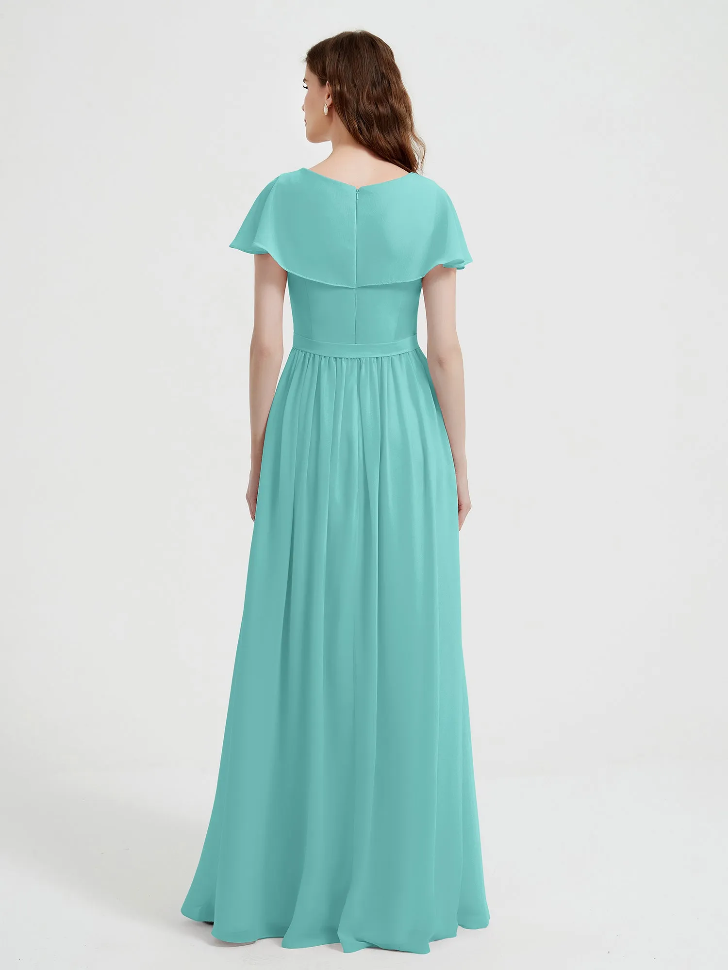 Cap Sleeves Long Chiffon Dresses with Slit-Spa