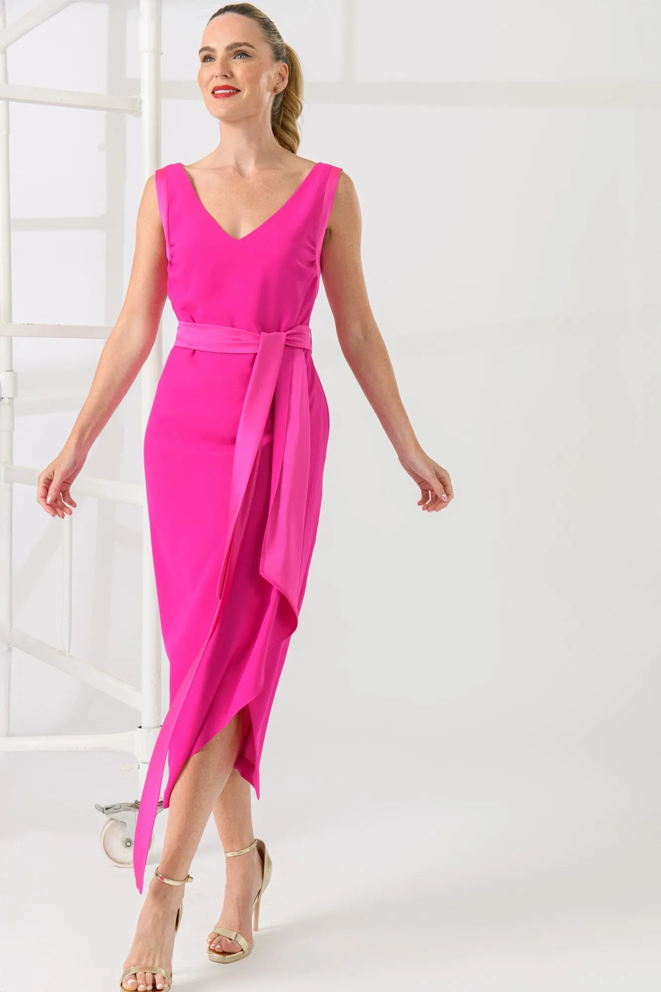 Caroline Kilkenny Misty Fuchsia Pink Belted V Neck Occasion Dress